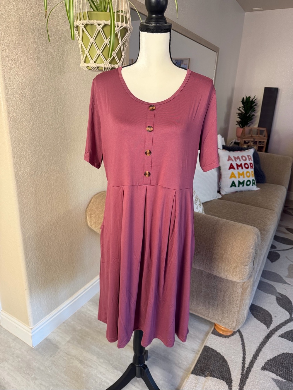 Auselily Women's Short-Sleeve Button Front Midi Dress in Dusty Rose